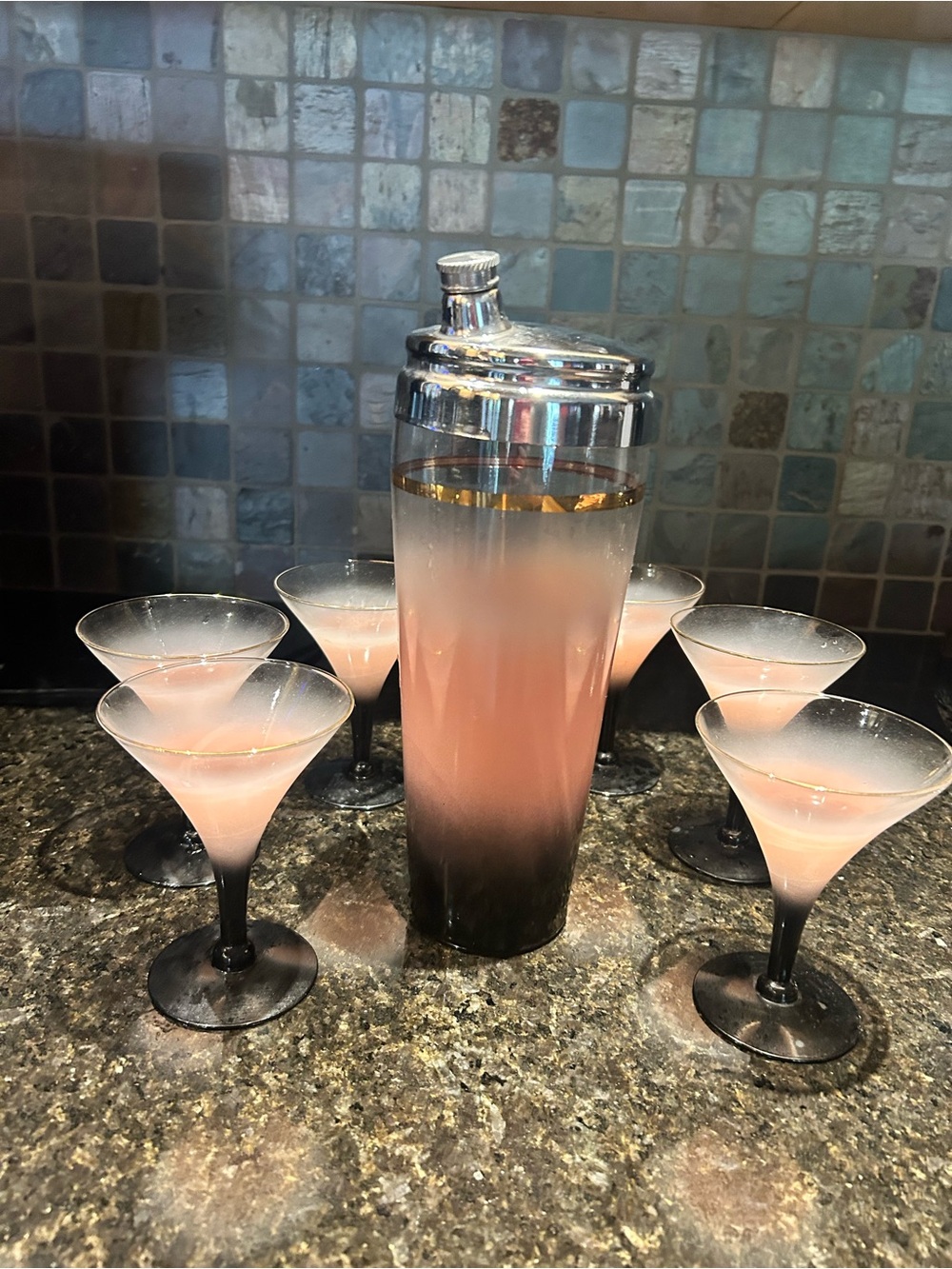 Vintage Pink Ombre Cocktail Shaker and Martini Glass Set - Elegant Home Bar